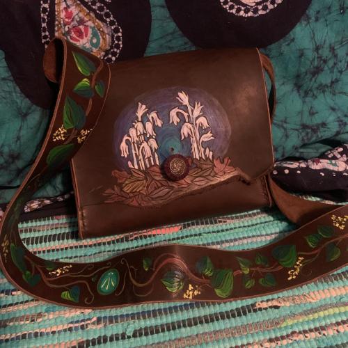 Leather Crane Bag - Indian Ghost Pipe theme with Wild Yam strap and Elderflower / Hawthorn on the inside. 